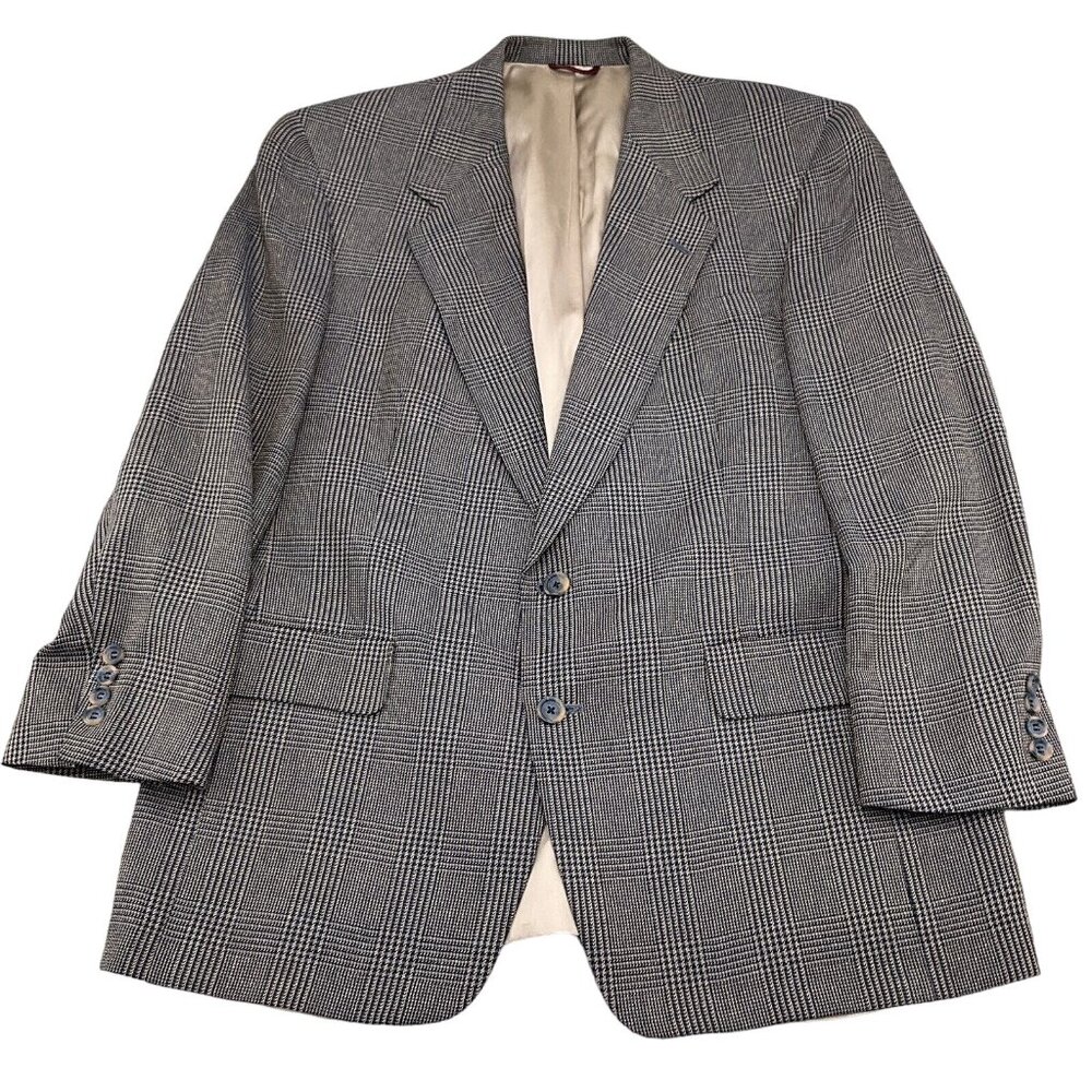 Hart Schaffner Marx Blazer Men 42R Blue Prince Edward Plaid Classic‎ Jacket VTG